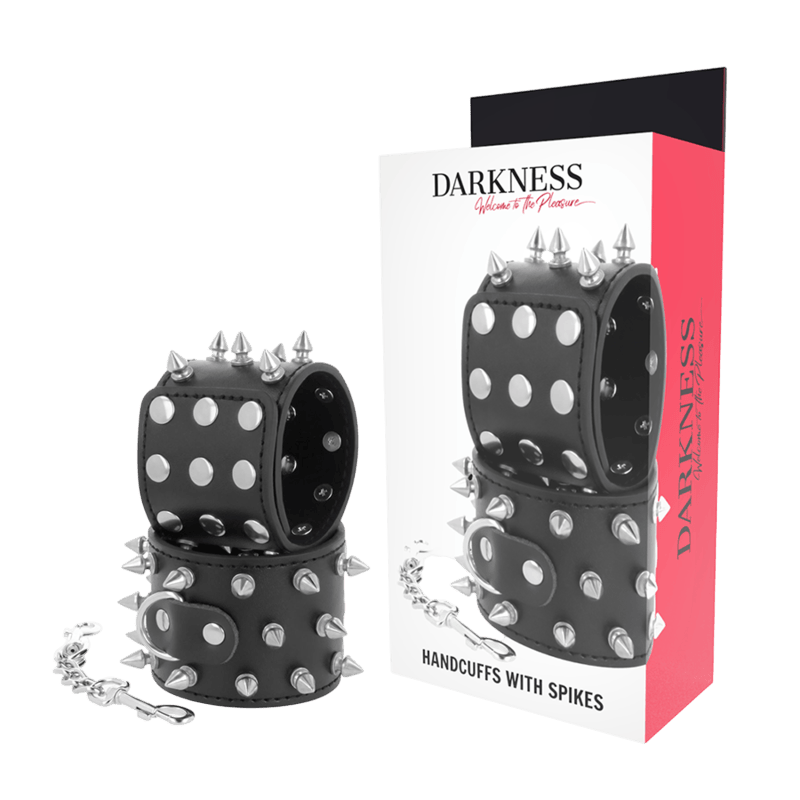Menottes cuir noir spikes clous Darkness fétiche - Vue principale - MANJOY
