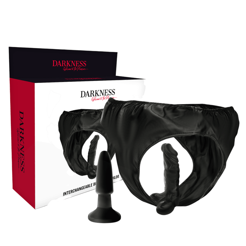 Culotte harnais avec plug et dildo Darkness fétiche - Mise en situation Dark Luxury 2 - MANJOY