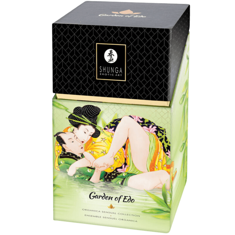 Coffret cadeau érotique bio Shunga Edo Garden - Détail de la texture et du flaconnage - MANJOY
