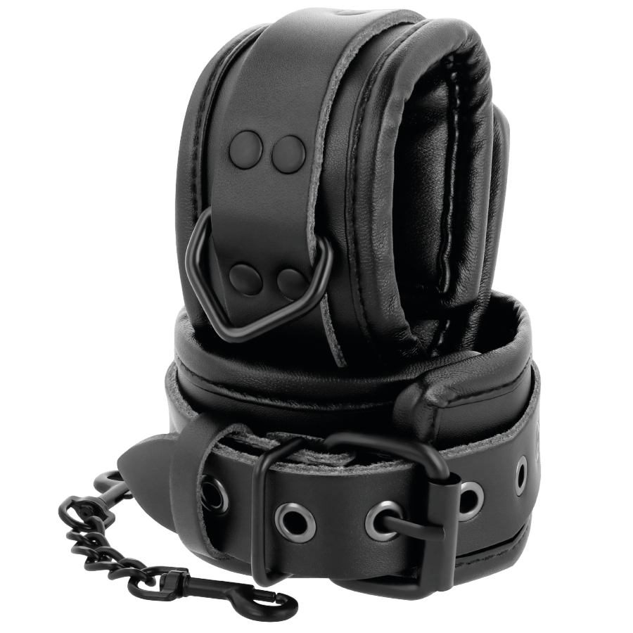 Menottes de chevilles cuir noir Darkness - Détail texture - MANJOY