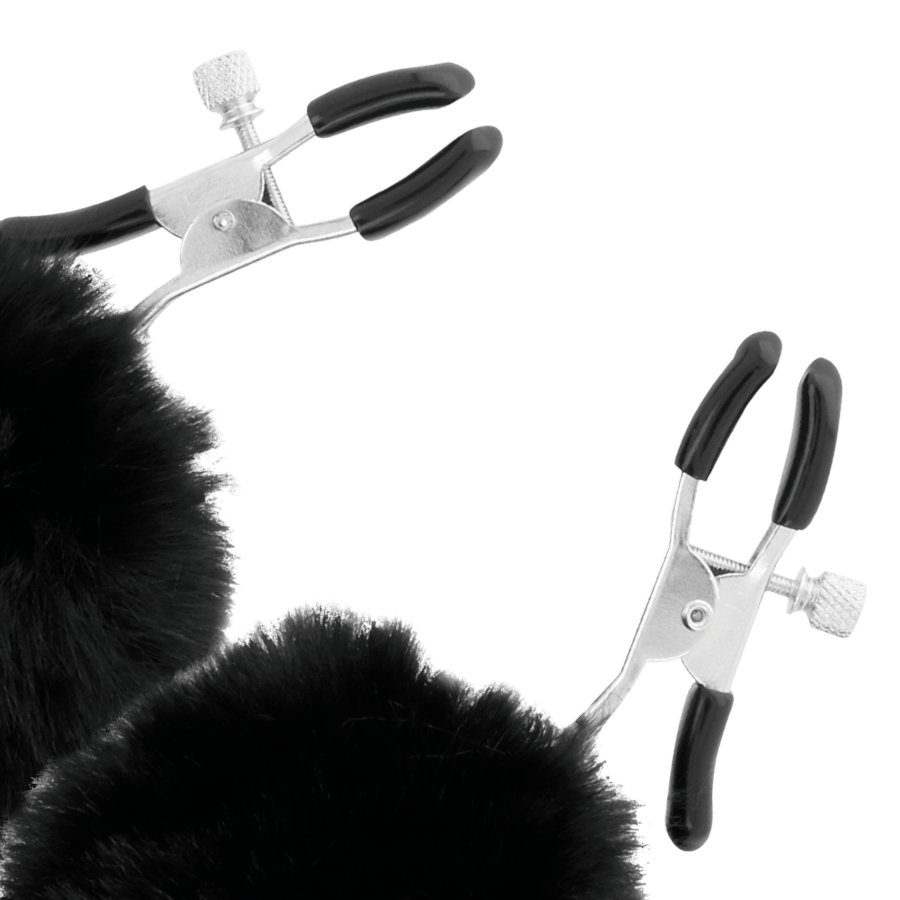 Pinces à mamelons pompons noirs Darkness fétiche - Présentation 3 - MANJOY