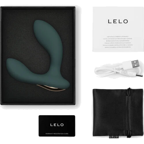 Contenu du coffret LELO Hugo 2 vert : masseur, câble USB, pochette satinée et manuel