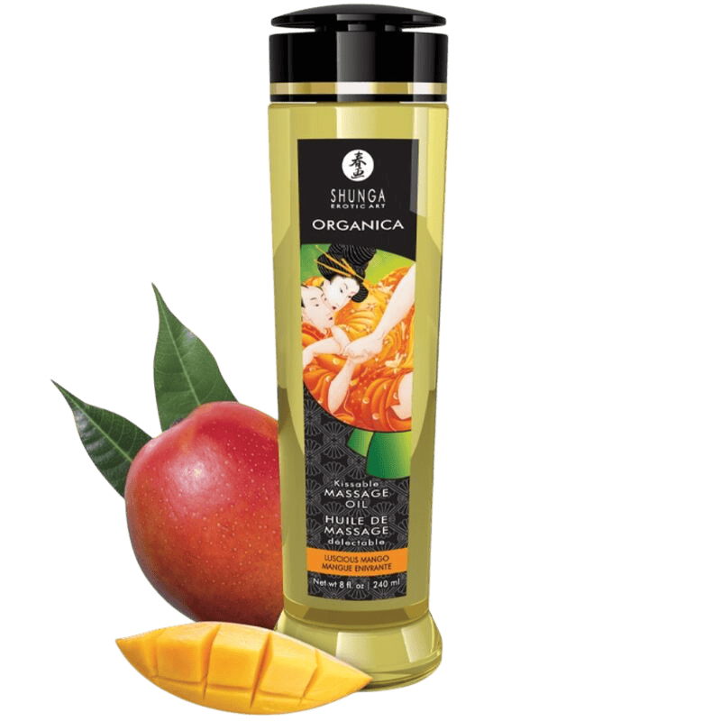 Huile massage érotique bio mangue Shunga 240ml - Détail de la texture et du flaconnage - MANJOY