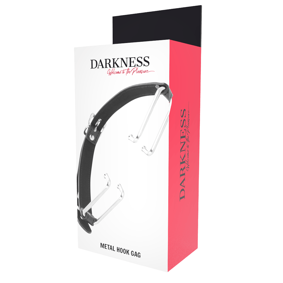 Bâillon à crochets bouche ouverte Darkness fétiche - Présentation du packaging prestige - MANJOY