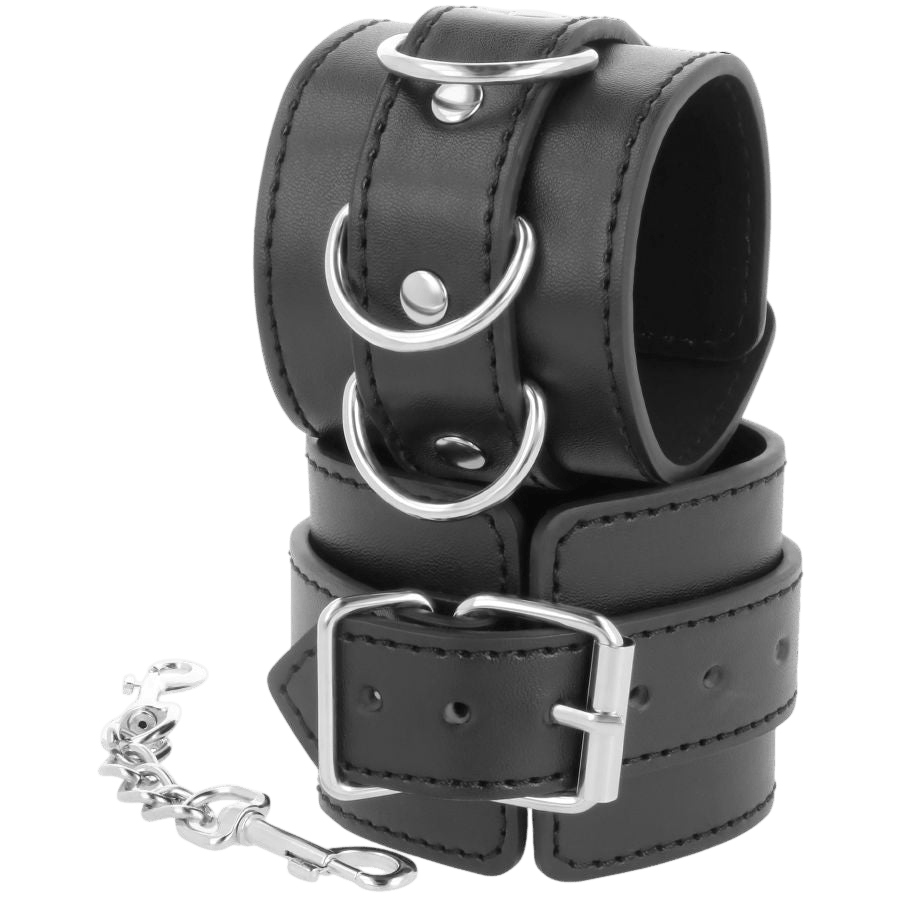 Menottes de poignets cuir noir Darkness entrave - Mise en situation premium 4 - MANJOY
