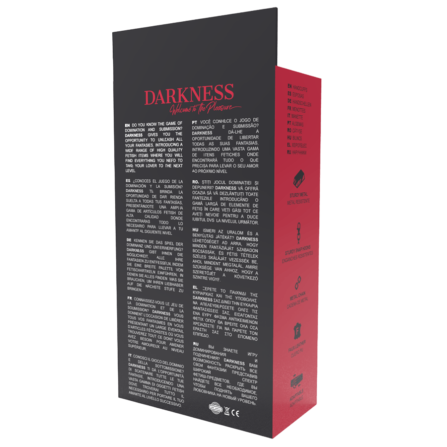 Menottes cuir noir spikes clous Darkness fétiche - Présentation du packaging prestige - MANJOY