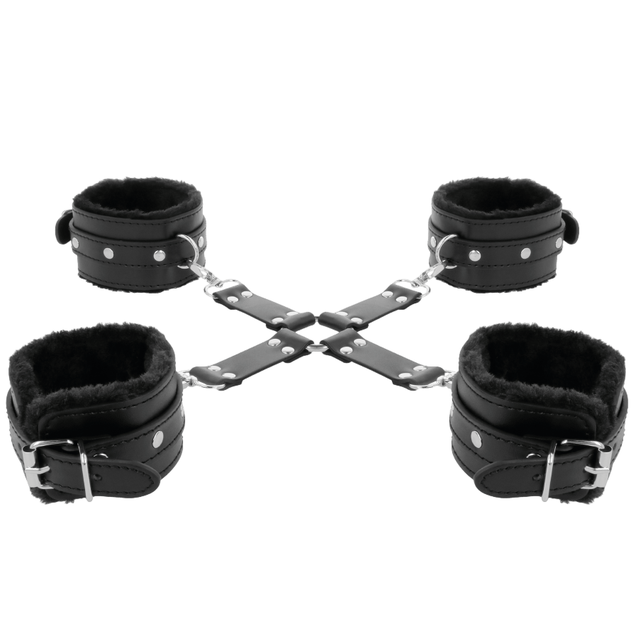 Set de bondage hogtie cuir noir Darkness luxe - Détail texture - MANJOY