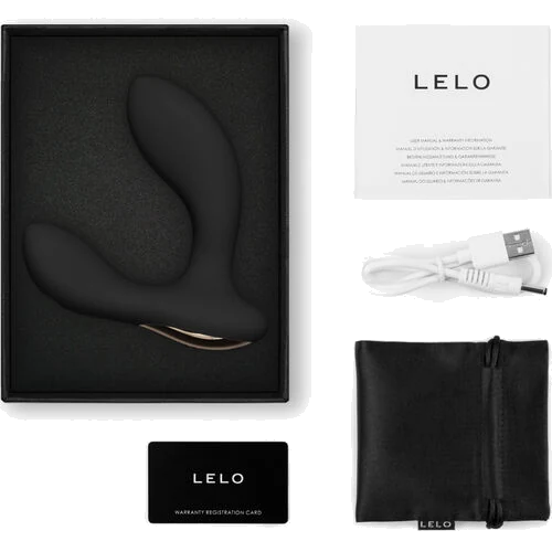 Contenu du coffret LELO Hugo 2 noir : masseur, câble USB, pochette satinée et manuel